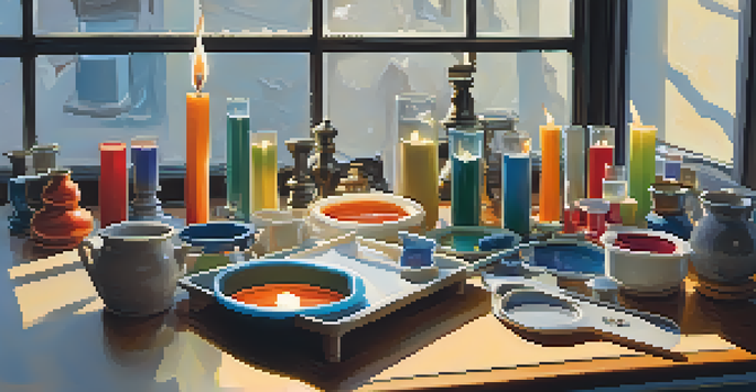 A workspace with colorful candle molds, melting wax, and finished candles, illuminated by natural sunlight.