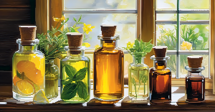 A colorful assortment of fragrance oils in glass bottles on a wooden table, with sunlight creating shadows and highlighting the scene.