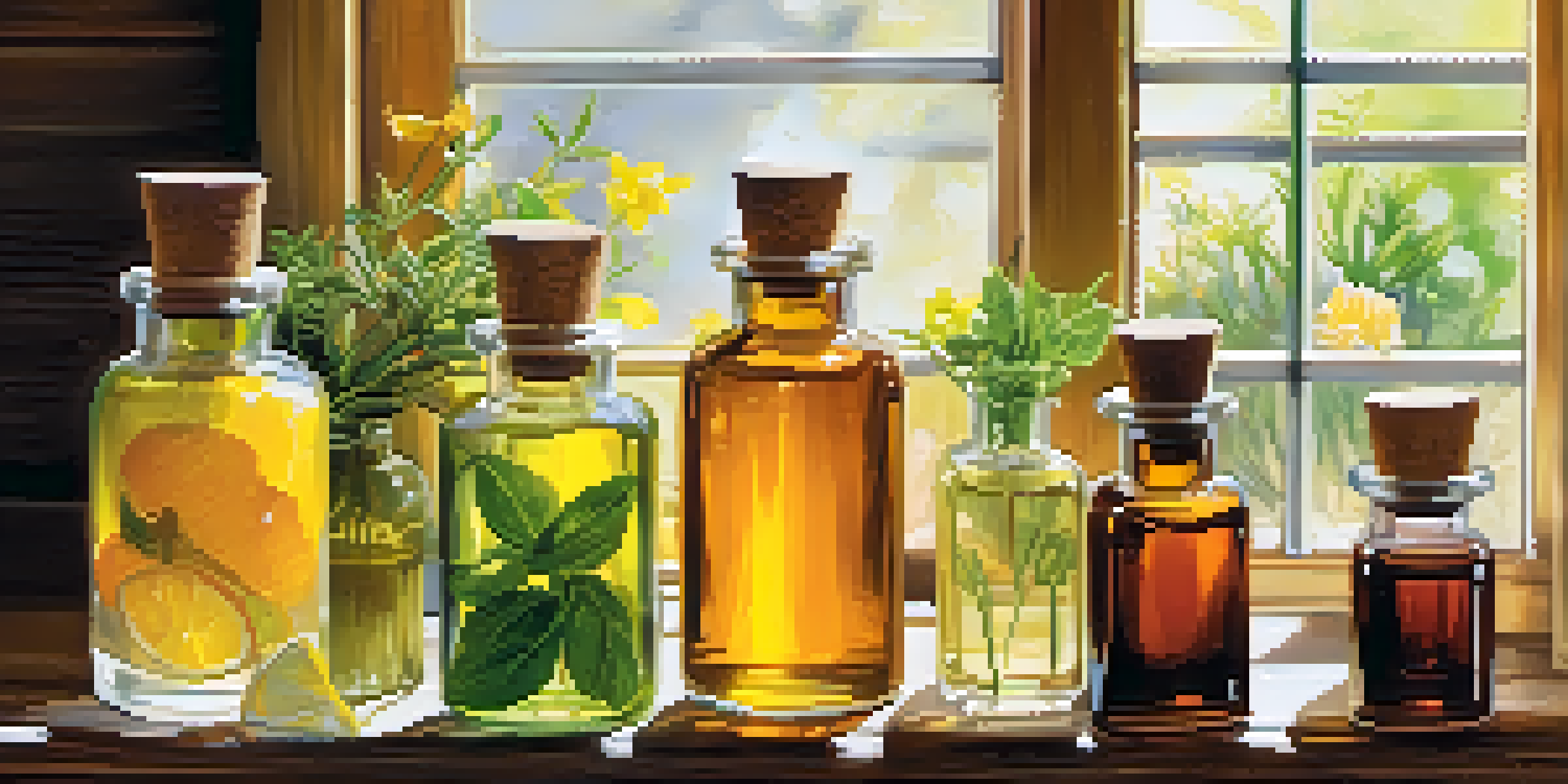A colorful assortment of fragrance oils in glass bottles on a wooden table, with sunlight creating shadows and highlighting the scene.