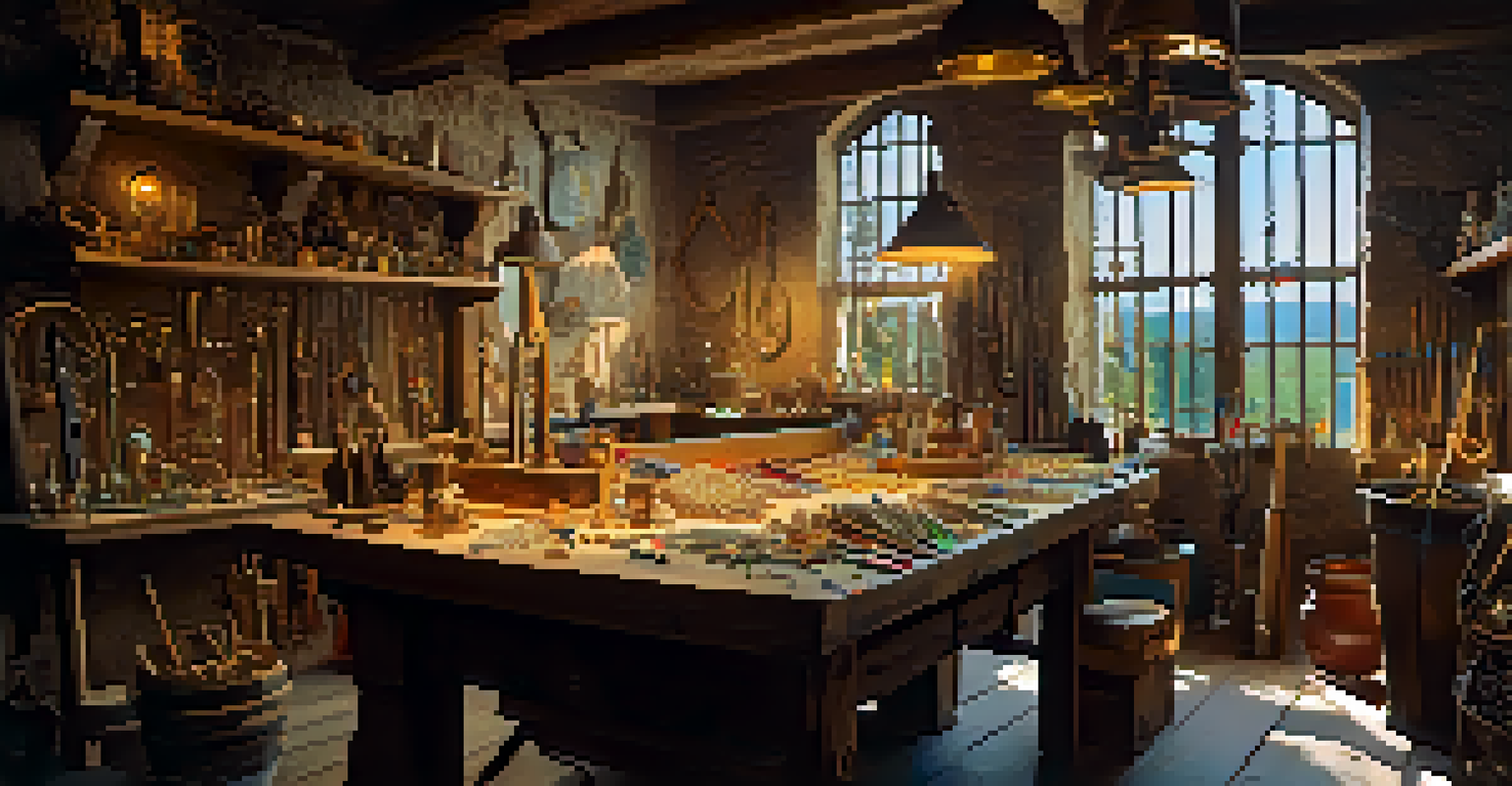 An artisan's workshop showcasing medieval jewelry-making tools and colorful enamel pieces, illuminated by natural light.