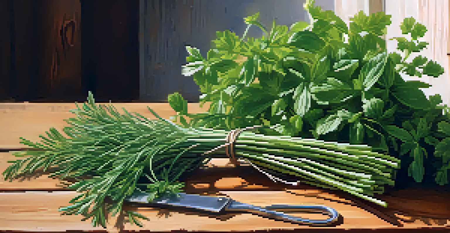 A close-up of freshly harvested herbs like dill, basil, and mint on a rustic wooden table, with gardening scissors beside them in warm sunlight.