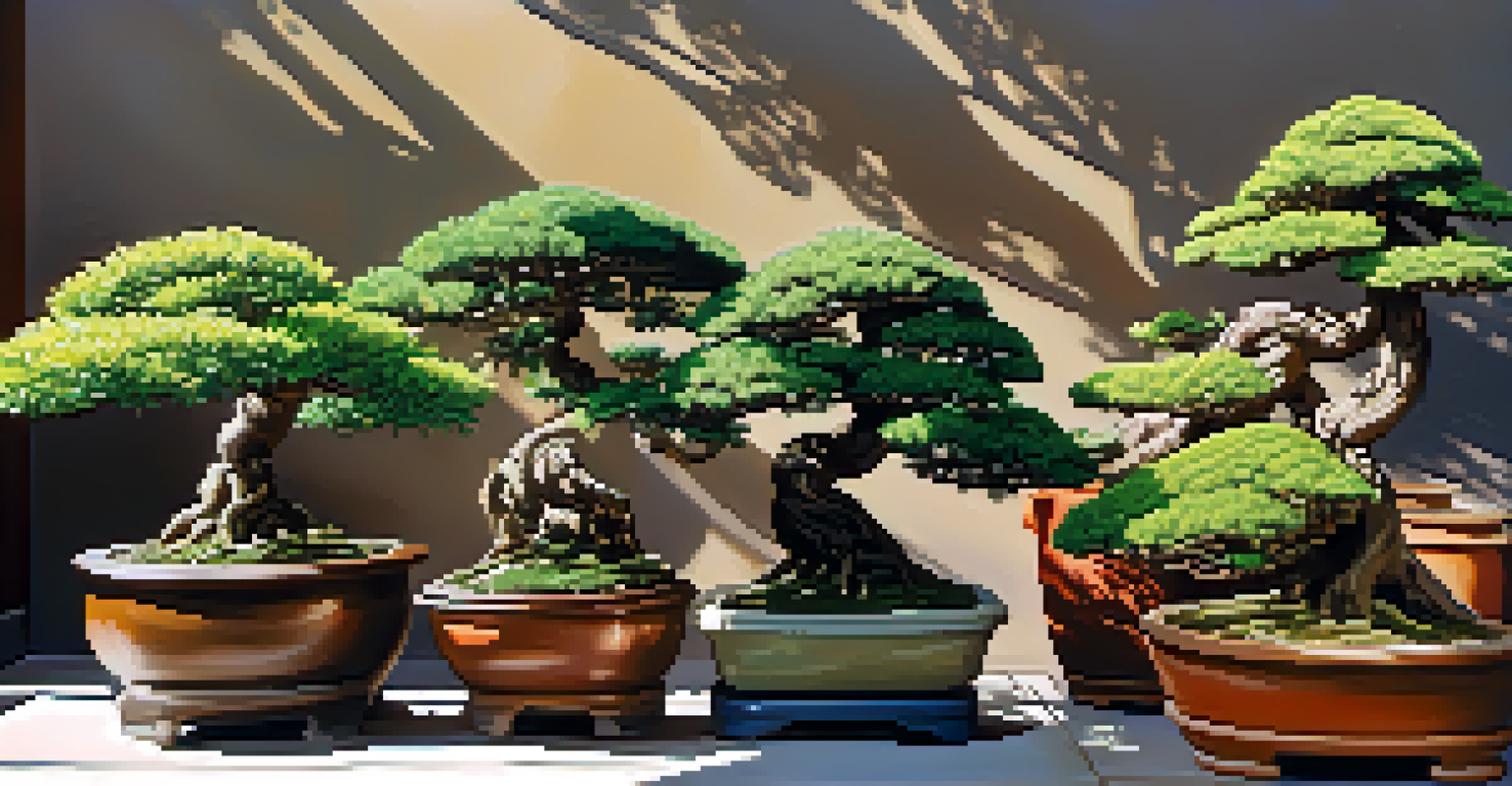 A garden scene with various bonsai trees displayed outdoors on a bright spring day, surrounded by blooming flowers and greenery.