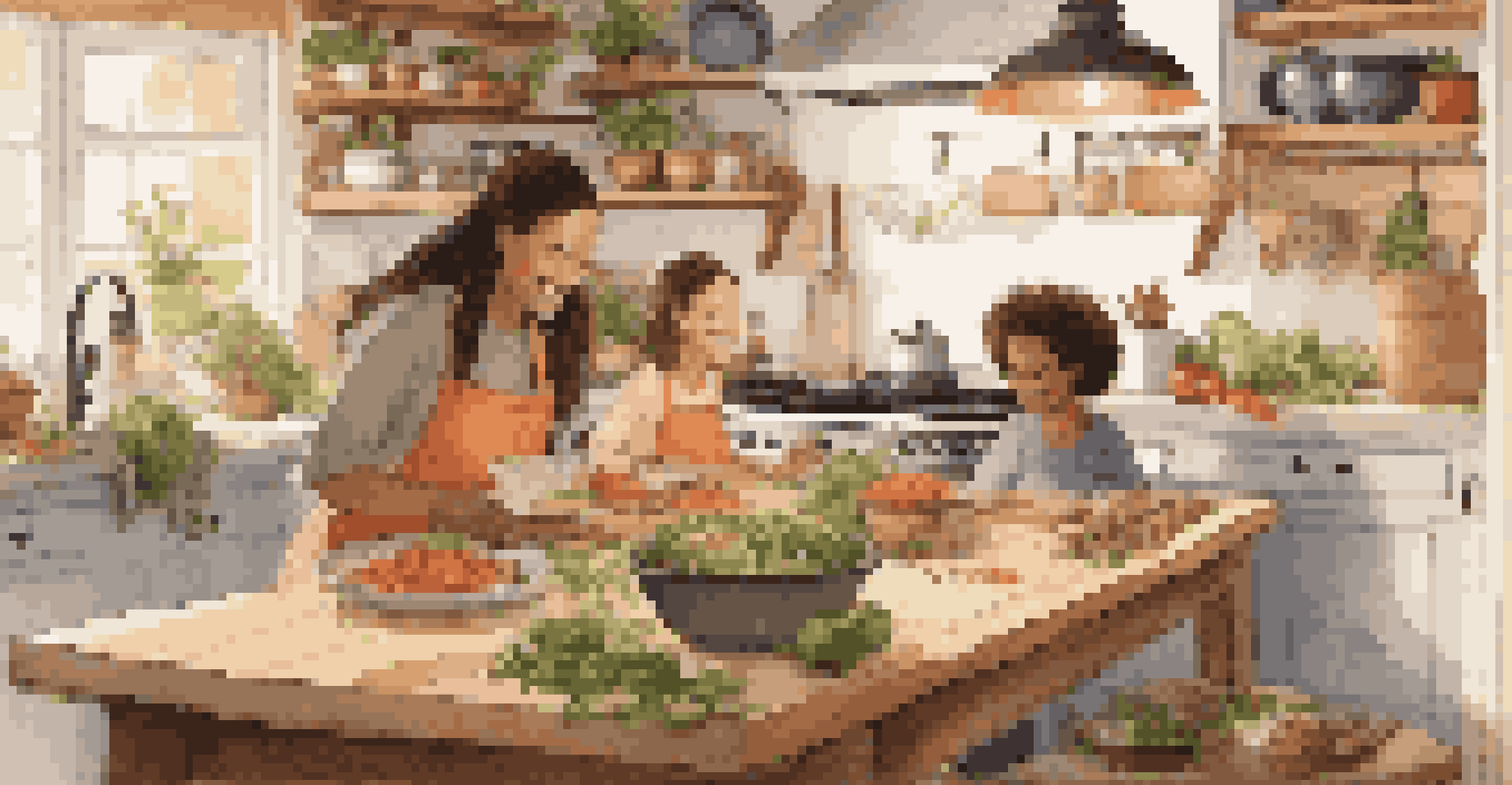 A family working together in a cozy kitchen, prepping meals with fresh ingredients and displaying joyful teamwork.