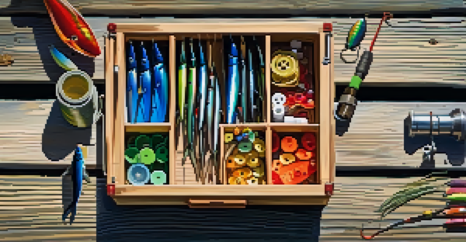 An overhead view of an open fishing tackle box filled with colorful lures and hooks on a wooden dock with sunlight filtering through the trees.