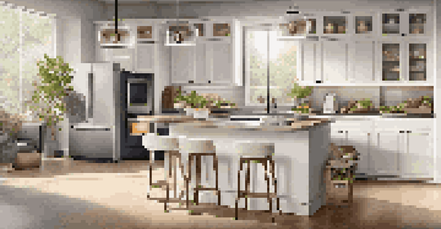 A modern kitchen filled with smart appliances like a coffee maker and refrigerator, showcasing a blend of technology and fresh ingredients.