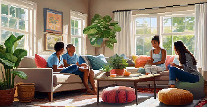 A family practicing mindful breathing together in a cozy living room, surrounded by cushions and plants under warm sunlight.