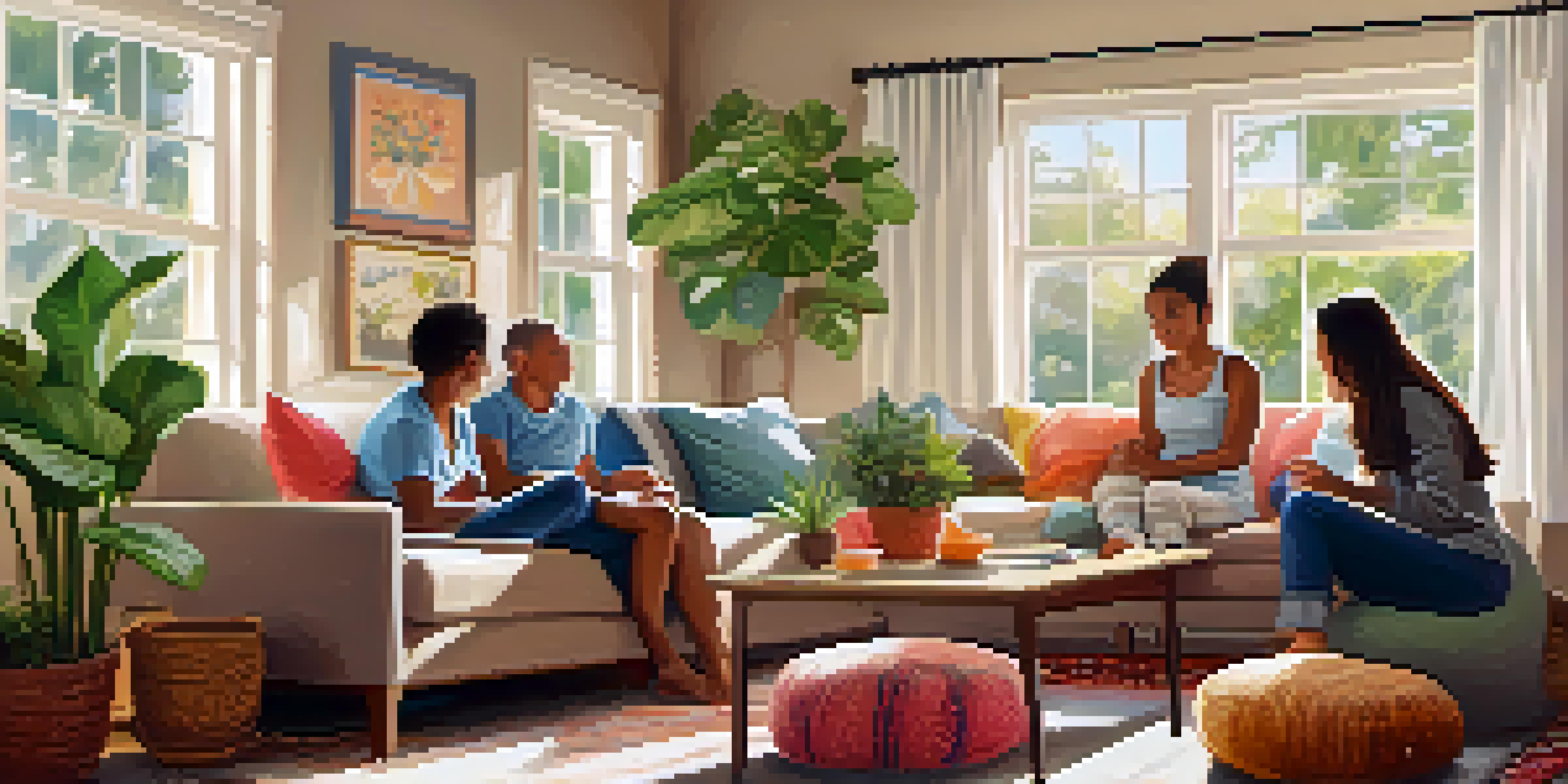 A family practicing mindful breathing together in a cozy living room, surrounded by cushions and plants under warm sunlight.