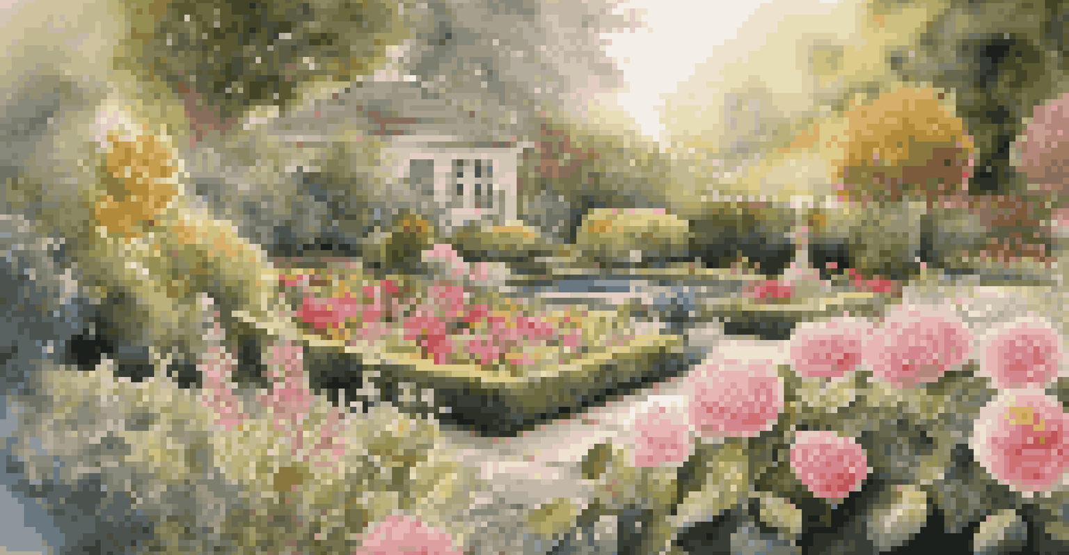A close-up of a colorful blooming garden with detailed flowers and artistic decorations, illuminated by gentle morning light.