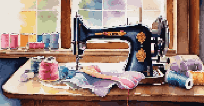 A close-up view of a sewing machine surrounded by colorful threads and a cozy sewing studio in the background.