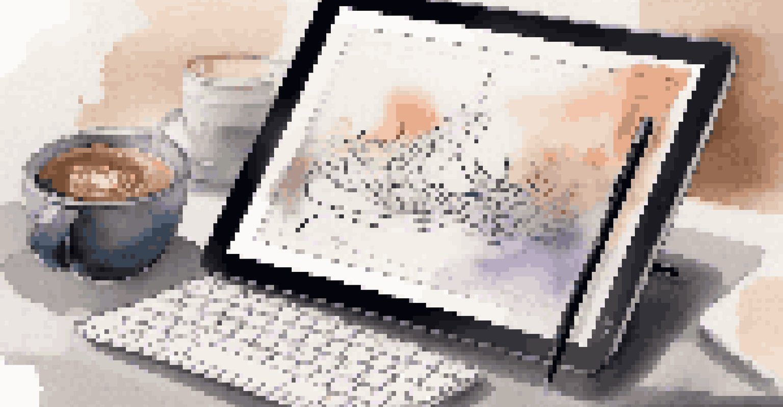 A modern workspace with a tablet and stylus displaying digital calligraphy, alongside a coffee cup and notebook.