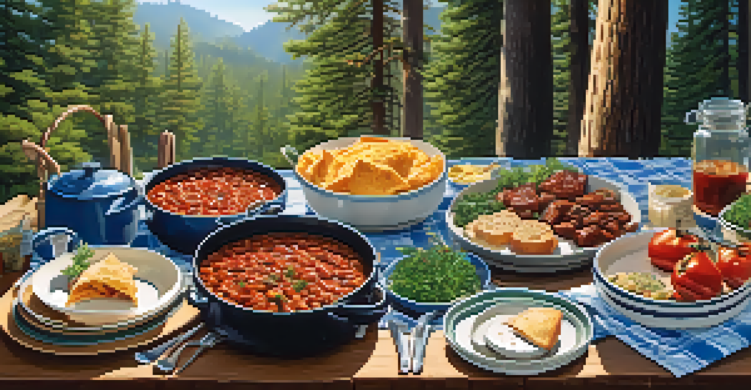 A picnic table with one-pot dishes, herbs, and colorful plates set against a backdrop of pine trees and a blue sky.