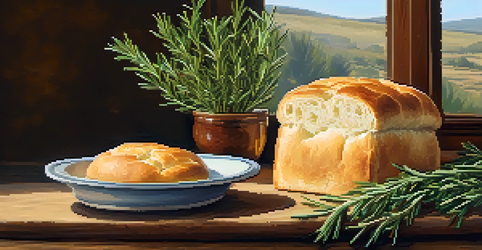 A rustic wooden table with a freshly baked rosemary focaccia, garnished with sea salt and sprigs of rosemary, and a bowl of olive oil for dipping.