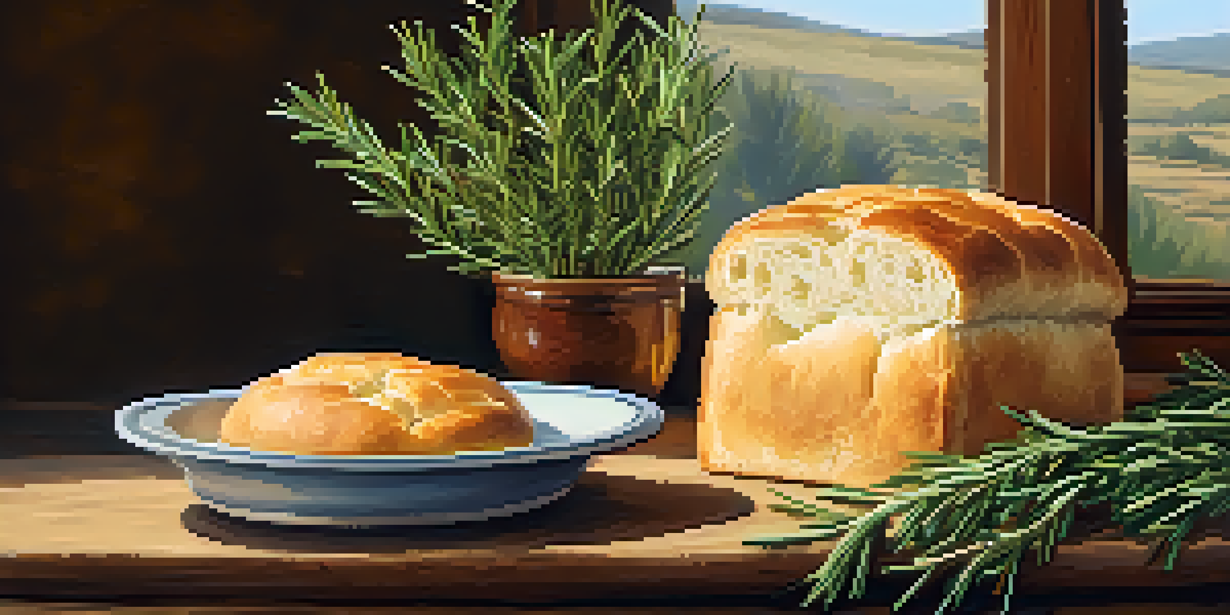 A rustic wooden table with a freshly baked rosemary focaccia, garnished with sea salt and sprigs of rosemary, and a bowl of olive oil for dipping.
