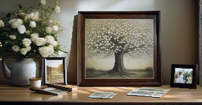A family tree illustrated on a wooden table with vintage photographs of ancestors, surrounded by a blurred garden of blooming flowers.