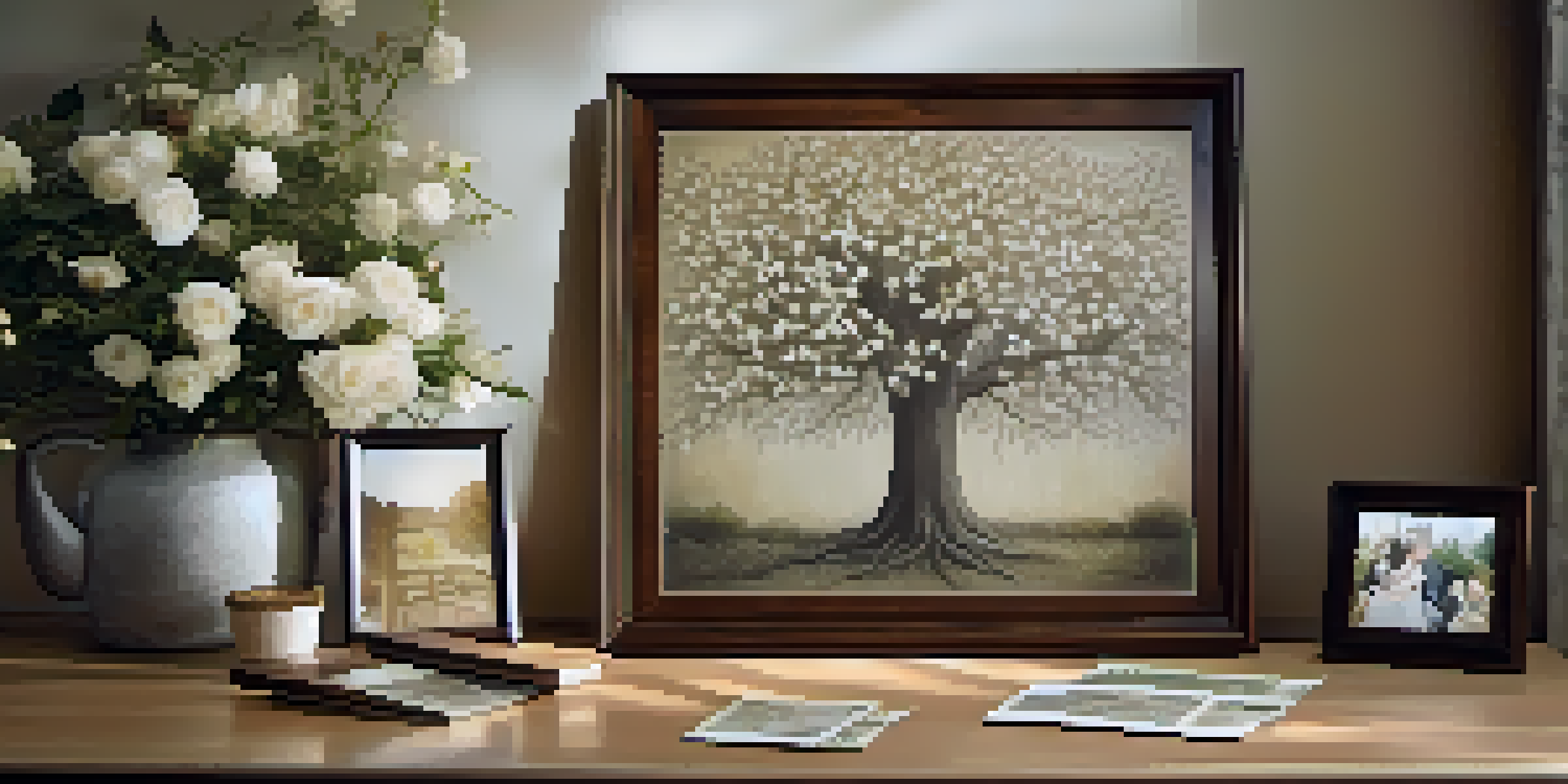 A family tree illustrated on a wooden table with vintage photographs of ancestors, surrounded by a blurred garden of blooming flowers.