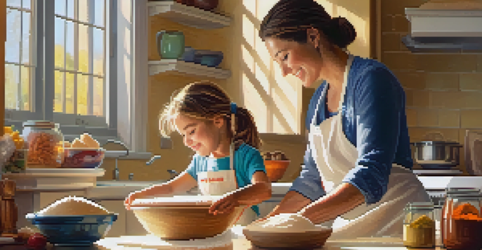 A parent and child happily baking bread in a bright kitchen, surrounded by flour and colorful measuring cups.