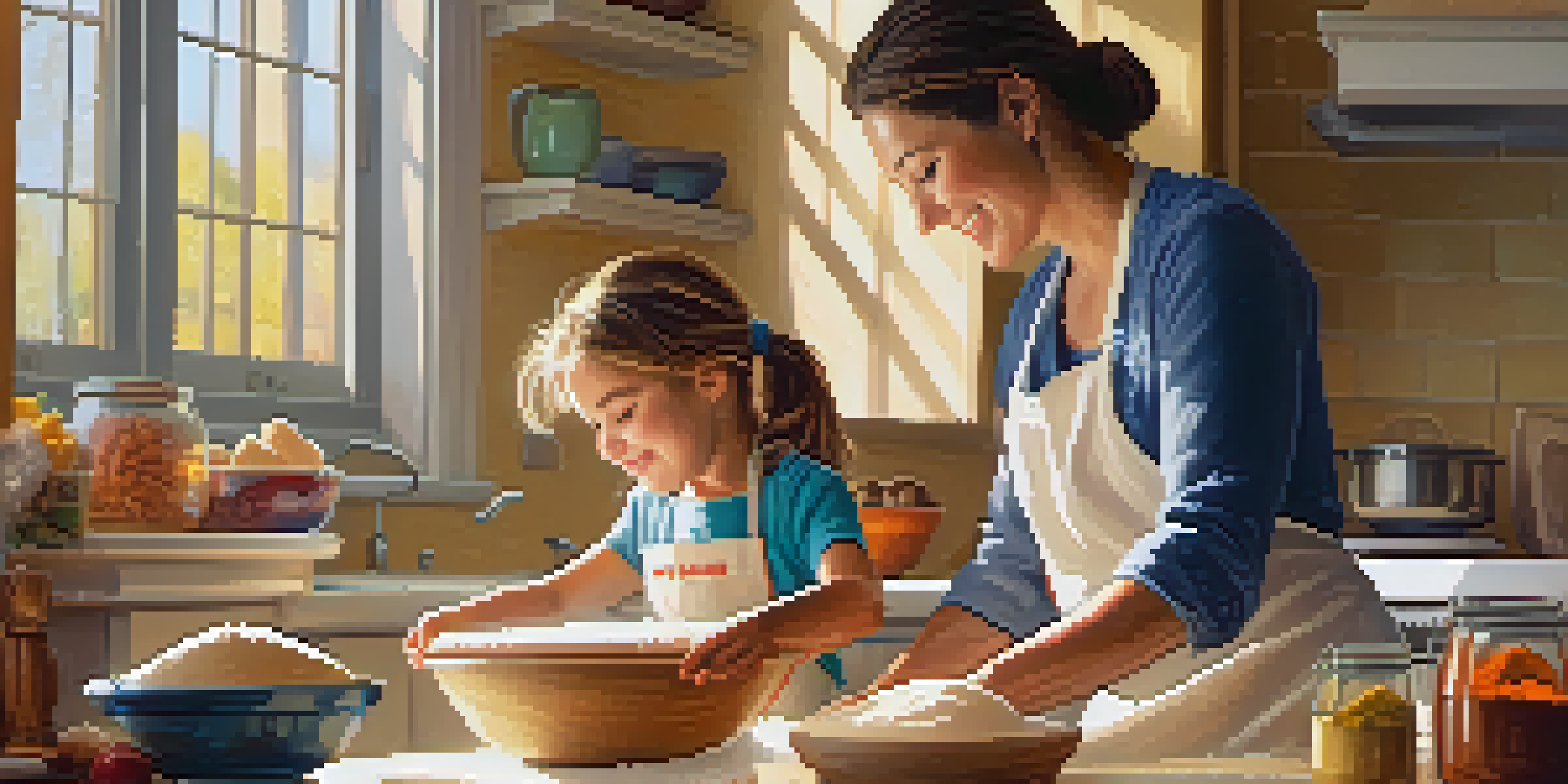 A parent and child happily baking bread in a bright kitchen, surrounded by flour and colorful measuring cups.