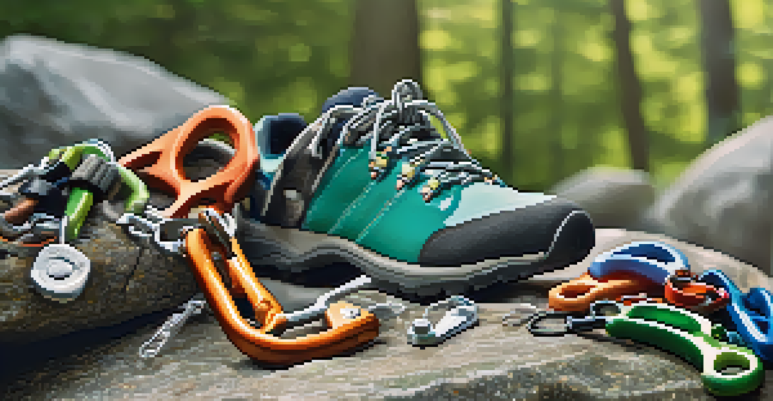 A close-up of colorful climbing gear including a harness, carabiners, and shoes against a blurred green nature background.