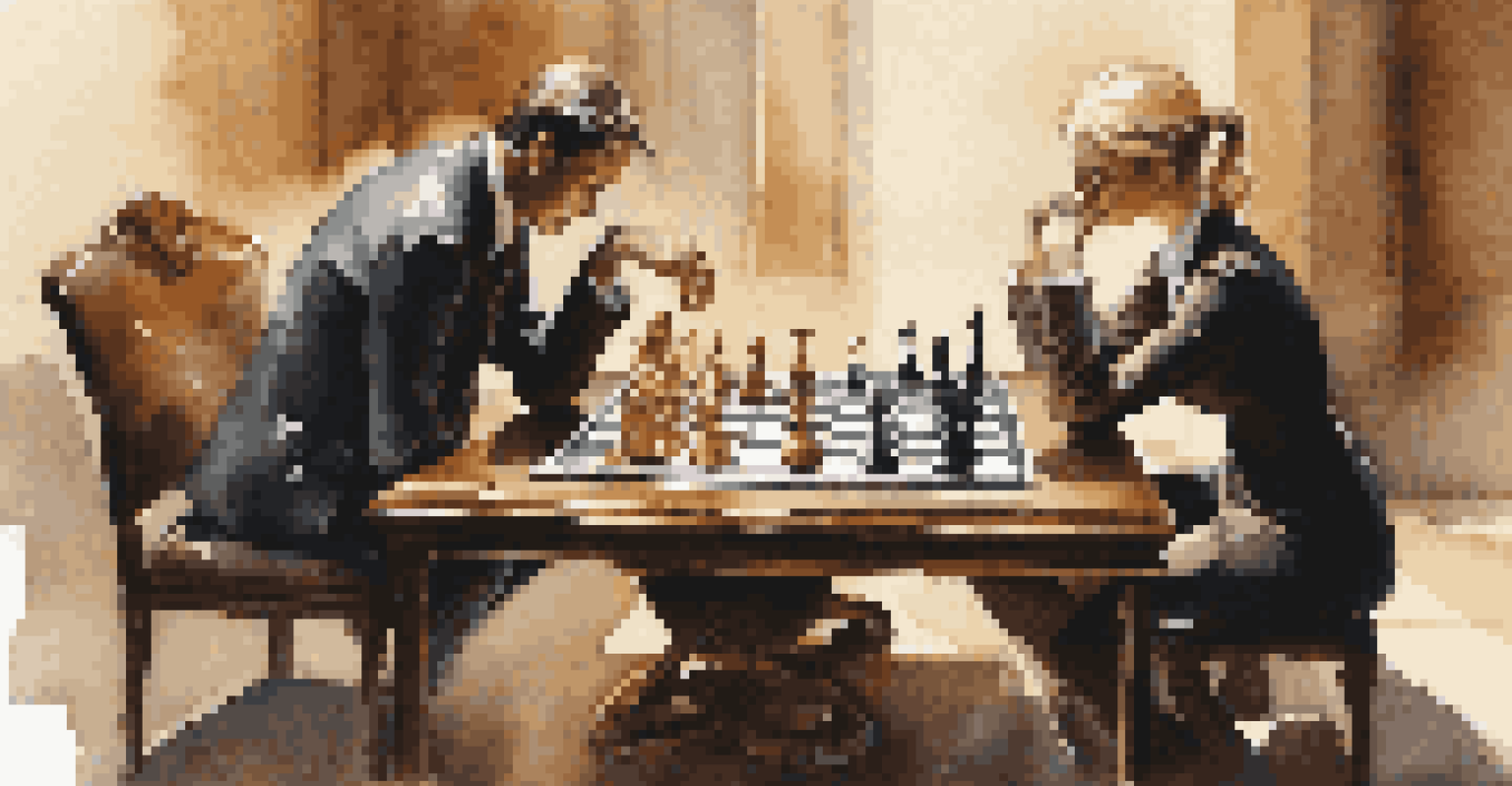 A tense chess match with players deep in thought, showcasing a wooden chess set on a marble table.