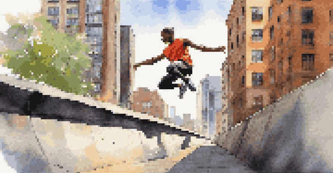 A parkour athlete performing a vault over a concrete barrier in a sunny urban environment, with tall buildings and street art in the background.