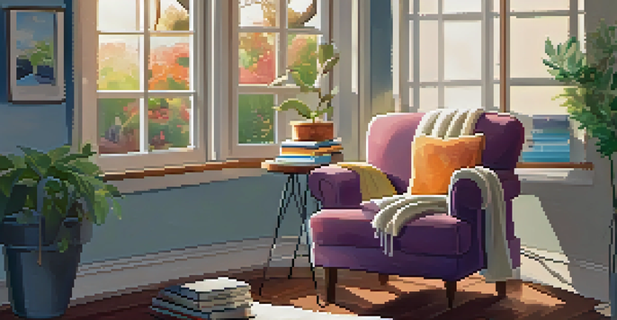 A comfortable reading nook with an armchair, a side table, and warm lighting, creating a cozy atmosphere.