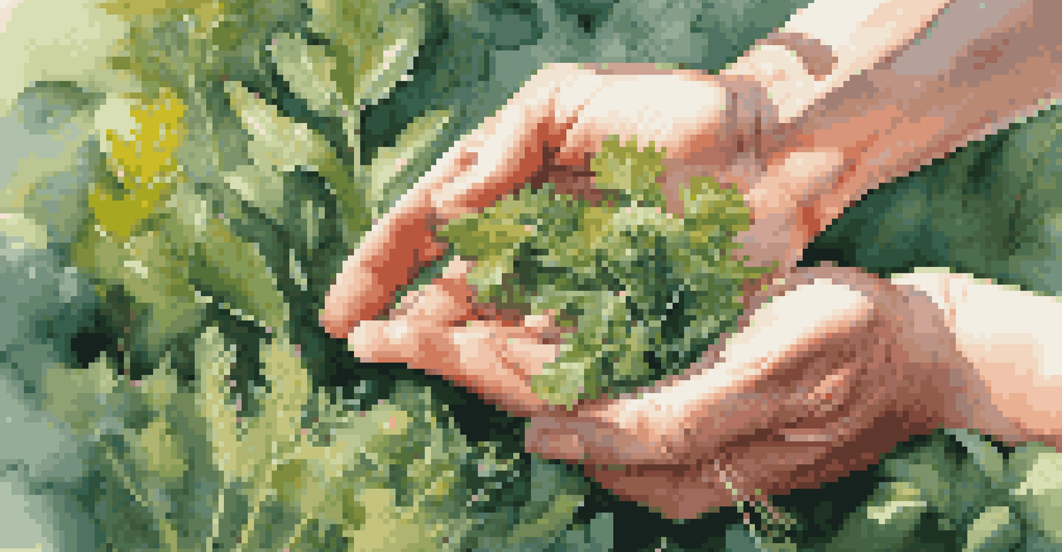 A close-up of hands picking wild herbs in a garden, emphasizing the freshness and beauty of foraged ingredients.