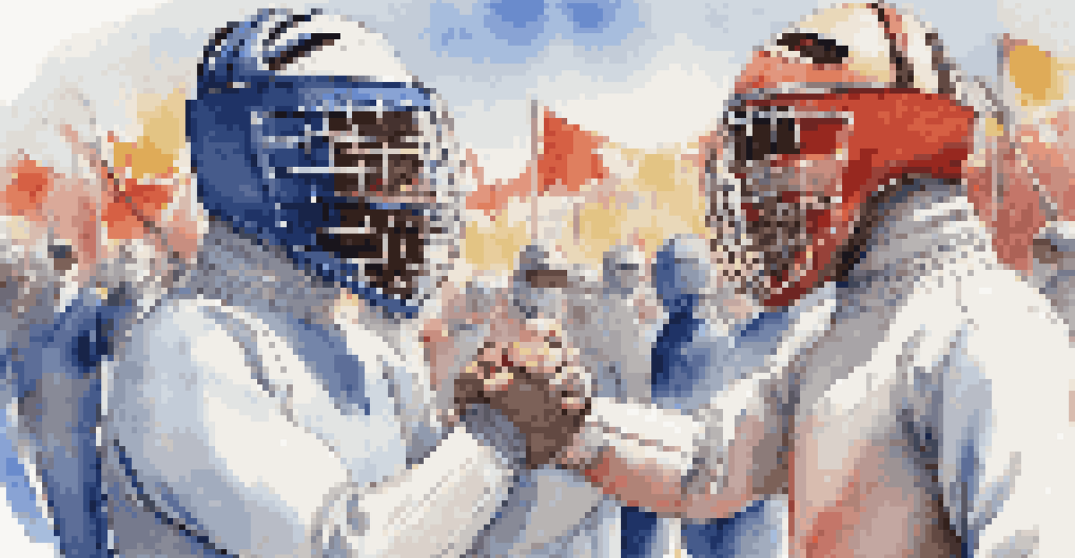 Two fencers smiling and shaking hands after a competition, with a cheering crowd in the background, highlighting the spirit of friendship in sports.