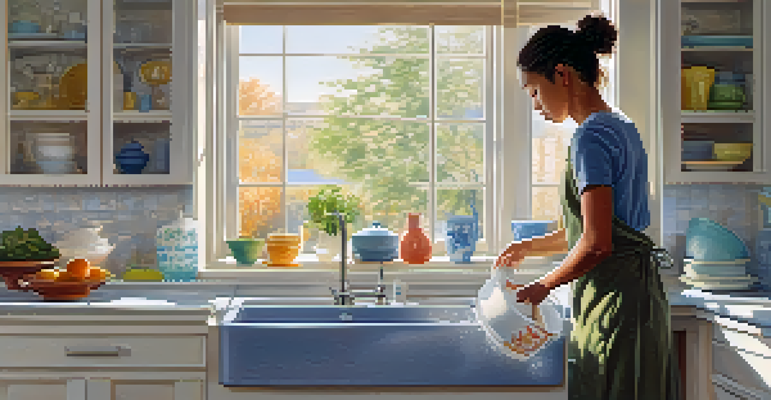 A person mindfully washing dishes in a bright, cheerful kitchen.