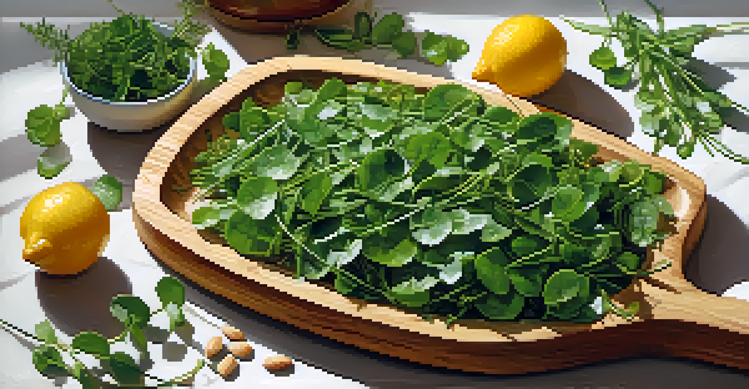 A close-up of freshly washed wild greens on a cutting board with a bowl of dressing and nuts.