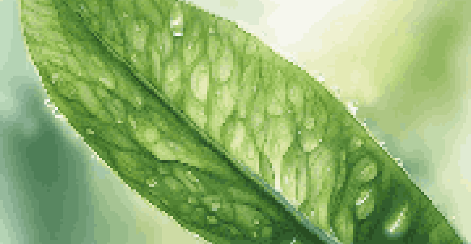 A close-up of a green plant with sunlight illuminating its leaves, showcasing leaf veins and water droplets, with a blurred background.