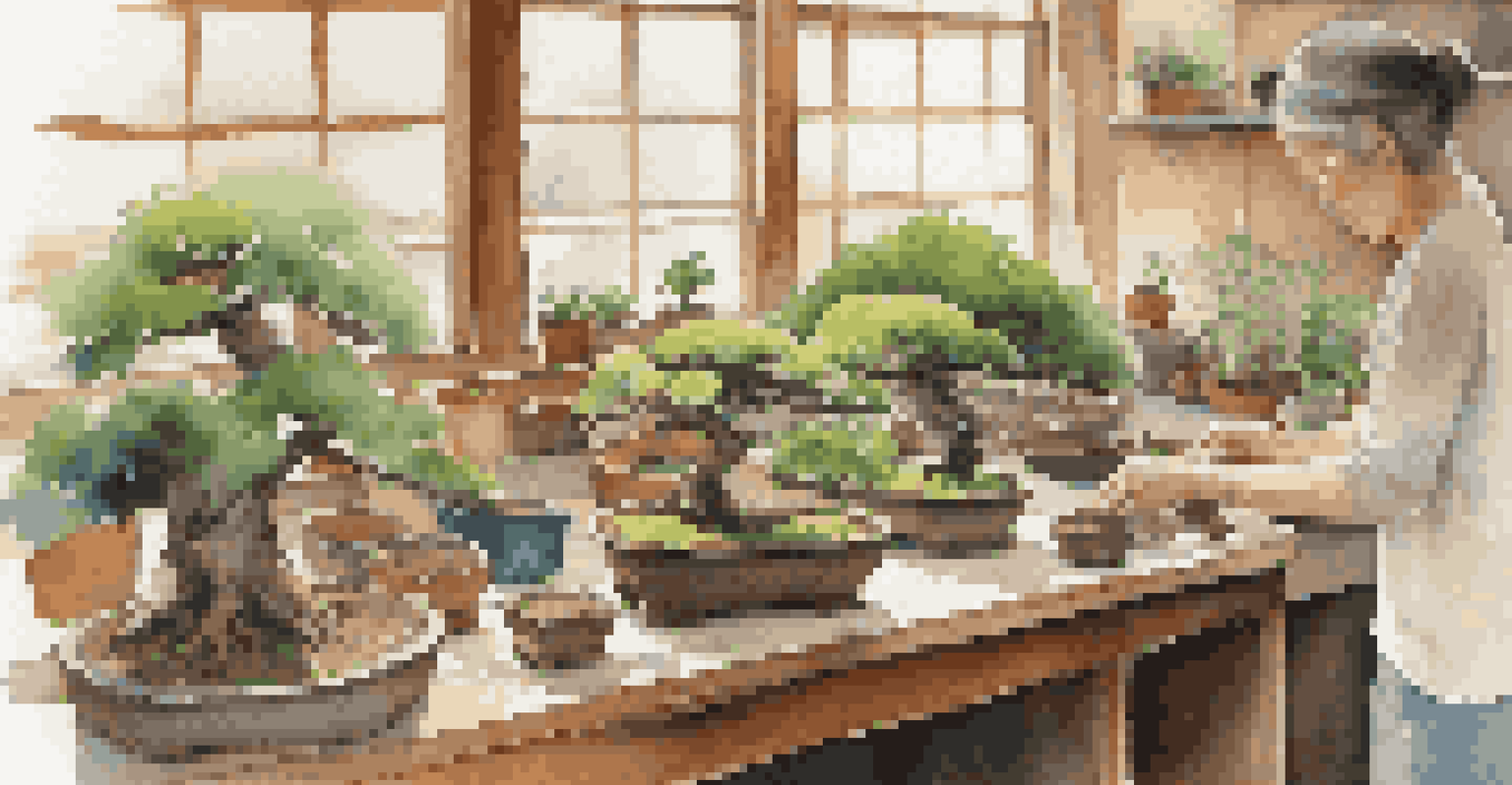 An artist pruning a bonsai tree in a bright workshop filled with tools and plants.
