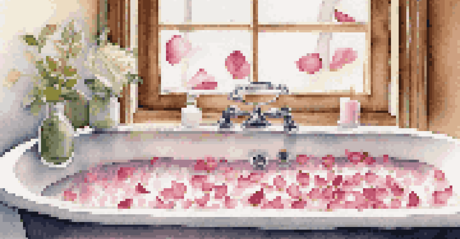 A lit aromatherapy candle on a bathtub edge, surrounded by bath essentials, creating a calming atmosphere.