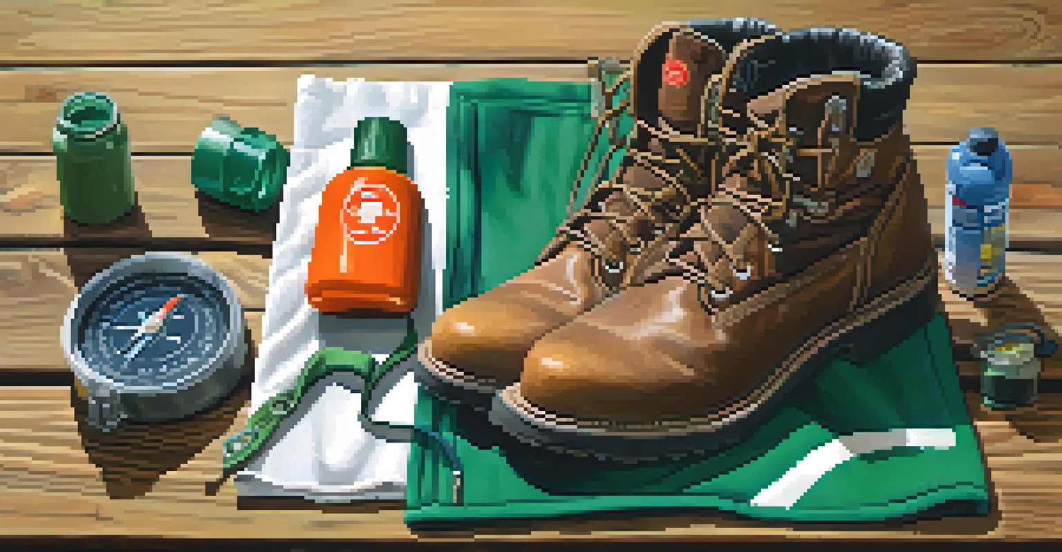 A close-up of hiking gear including boots, a jacket, a compass, a first-aid kit, and a water bottle on a wooden table surrounded by greenery.