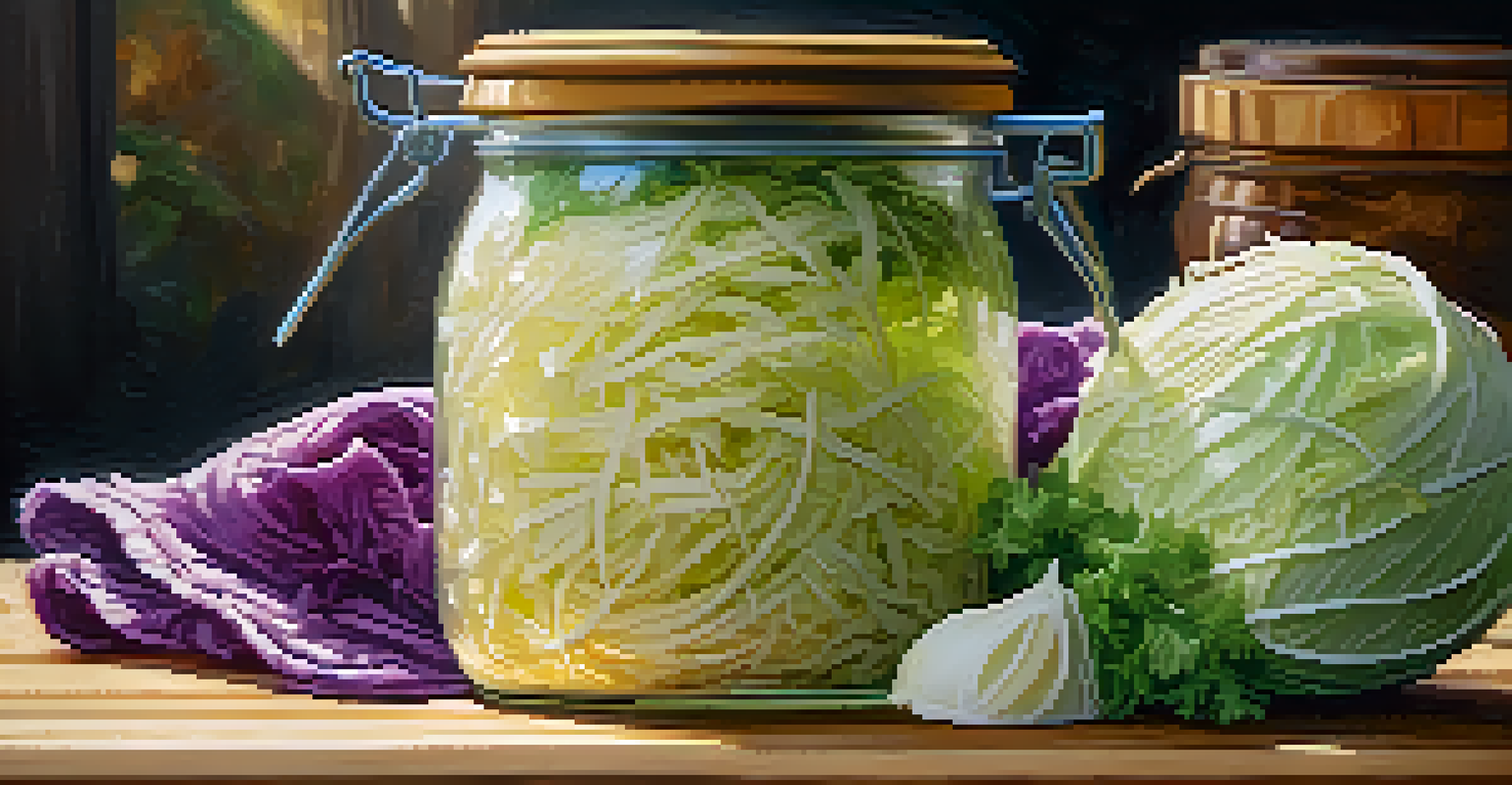 A close-up of a glass jar filled with homemade sauerkraut, showcasing the vibrant cabbage and fermentation bubbles.