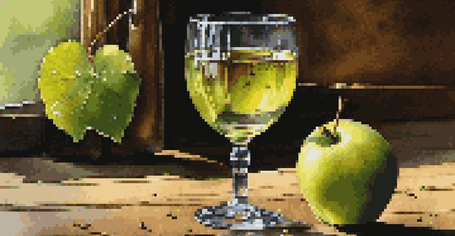 A wine glass filled with Grüner Veltliner on a wooden table, with green apples and white pepper beside it, bathed in warm light.