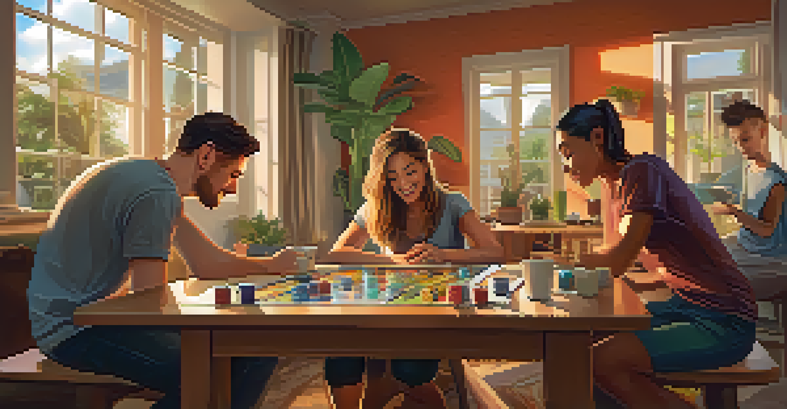 A group of friends in a modern living room, deeply engaged in a cooperative board game, showcasing teamwork and concentration.