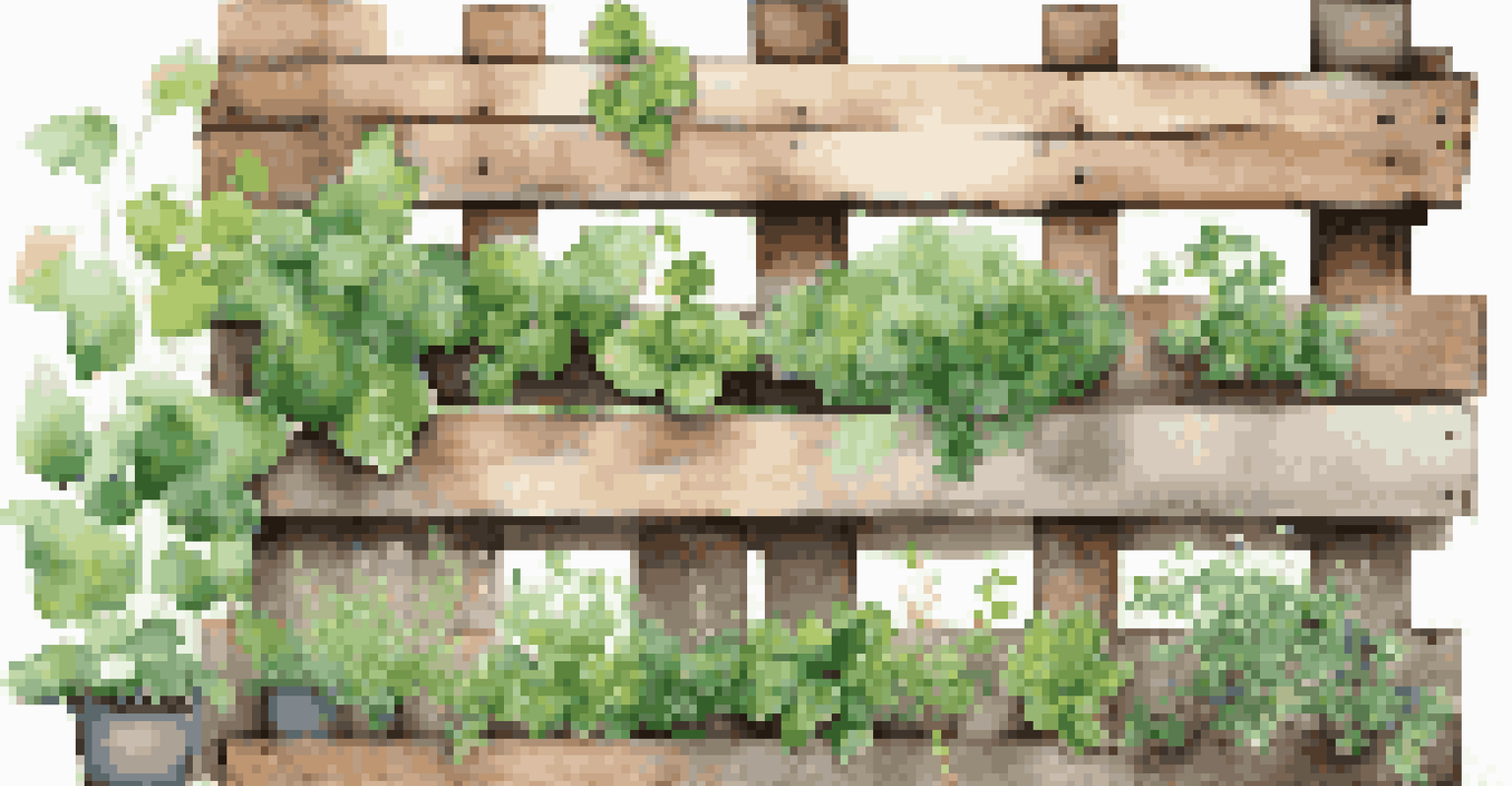 A vertical garden created from a painted wooden pallet filled with herbs, bathed in warm sunlight.
