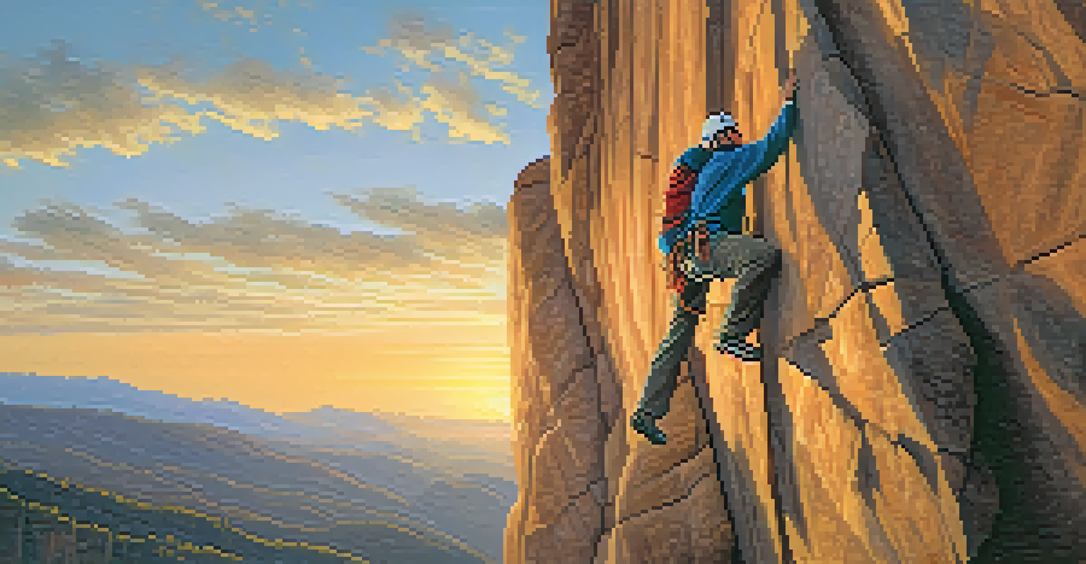 A climber scaling a rugged rock face with a scenic landscape at sunset in the background.