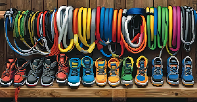 A collection of bungee jumping equipment including colorful cords and harnesses displayed on a wooden surface with natural lighting.