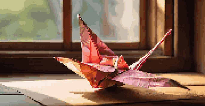 A detailed close-up of a colorful origami crane on a wooden table, with soft natural light enhancing its textures and folds.