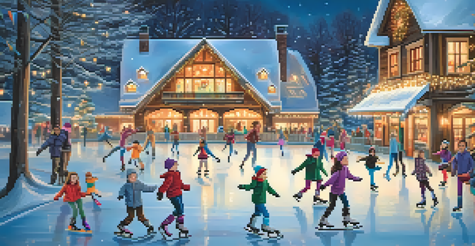 A lively ice skating rink with skaters of various ages, snow falling, and a warmly lit chalet in the background.