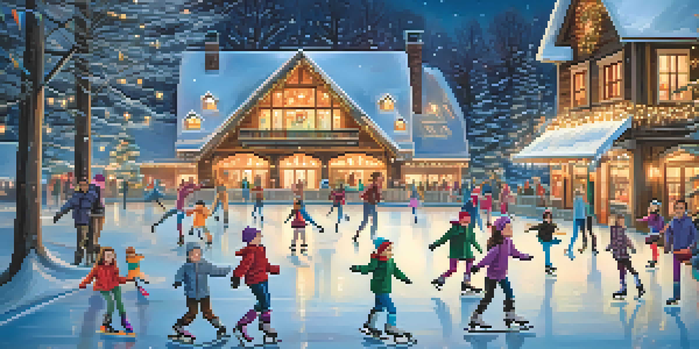 A lively ice skating rink with skaters of various ages, snow falling, and a warmly lit chalet in the background.