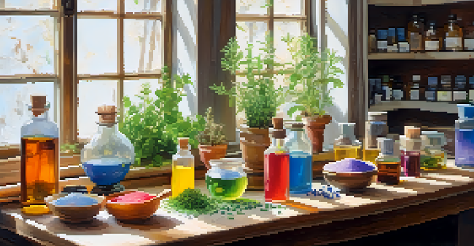 A cozy soap making workspace with a wooden table filled with colorful soap making supplies, oils, and herbs, illuminated by natural light from a window.