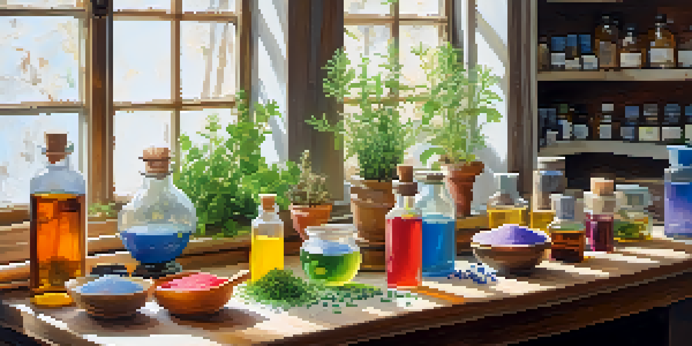A cozy soap making workspace with a wooden table filled with colorful soap making supplies, oils, and herbs, illuminated by natural light from a window.