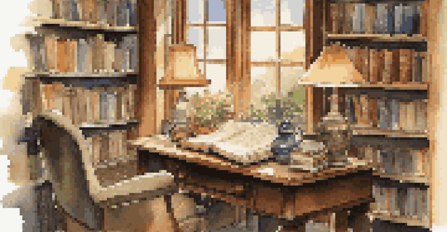 A warm and inviting study room with vintage books and a wooden desk illuminated by an antique lamp, featuring a view of a garden through a large window.