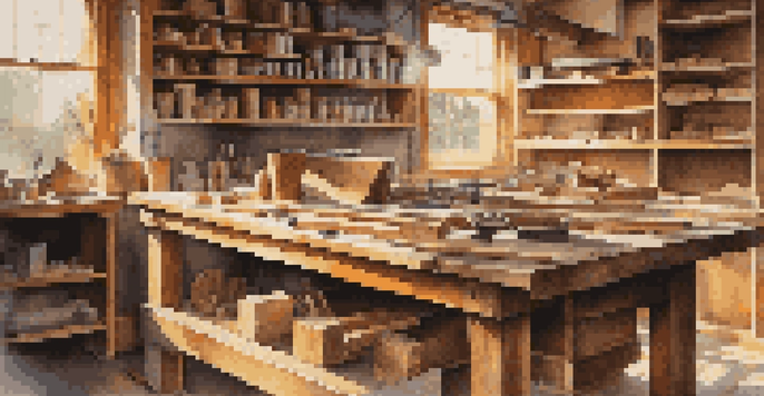 A wooden workbench with woodworking tools like a tape measure and calipers, illuminated by sunlight.