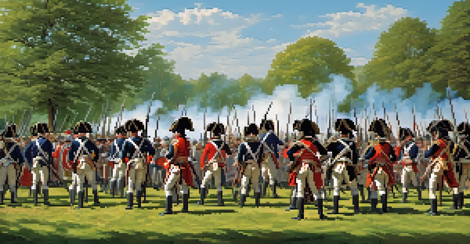 An 18th-century battle reenactment with soldiers in authentic uniforms and spectators watching from afar, set in a green field.