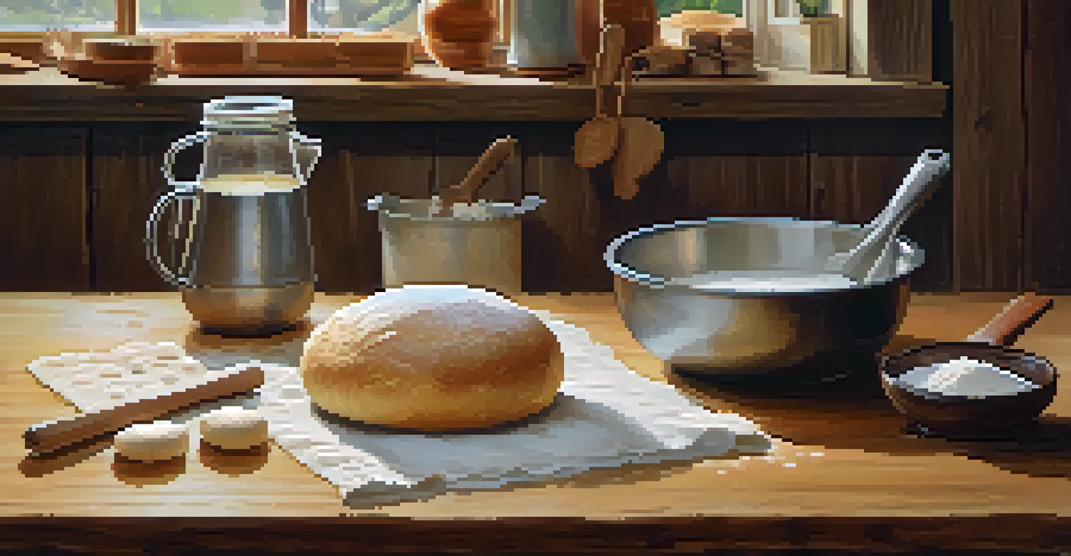 Overhead view of a rustic kitchen table with a bowl of dough covered by a cloth, surrounded by baking tools.