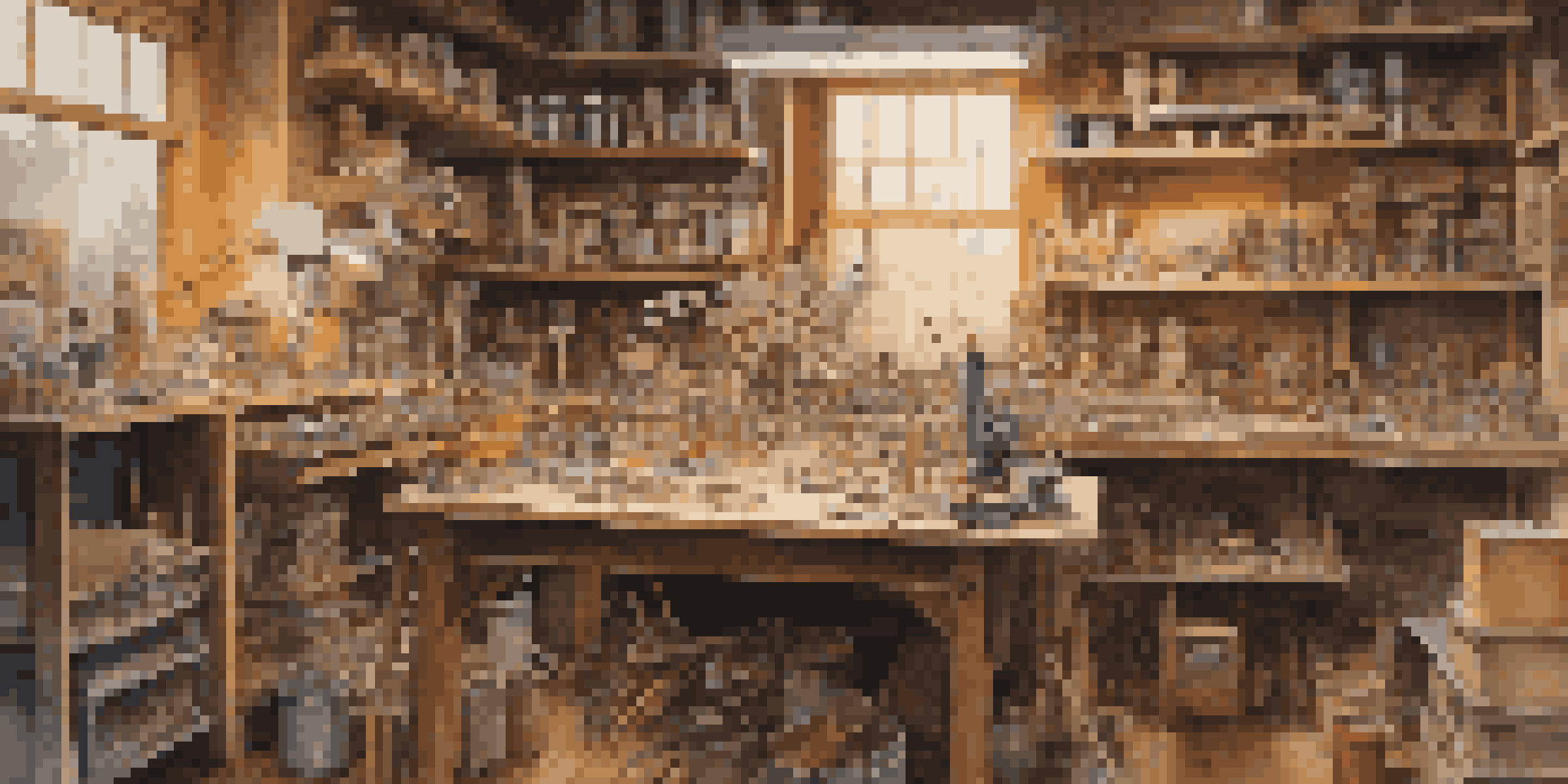 A detailed view of a scale model builder's workspace filled with tools and materials on a wooden table.
