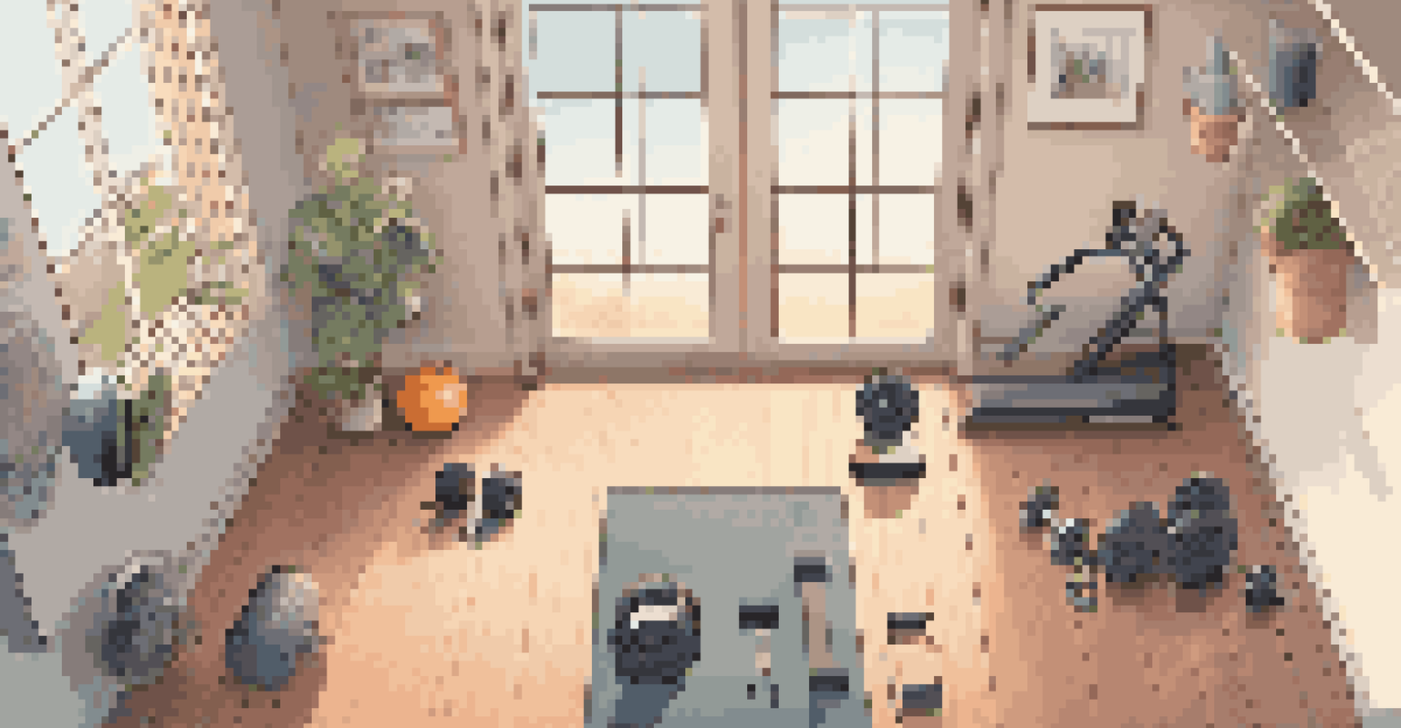 An overhead view of a home gym setup with fitness equipment and a smartwatch, illuminated by soft morning light.